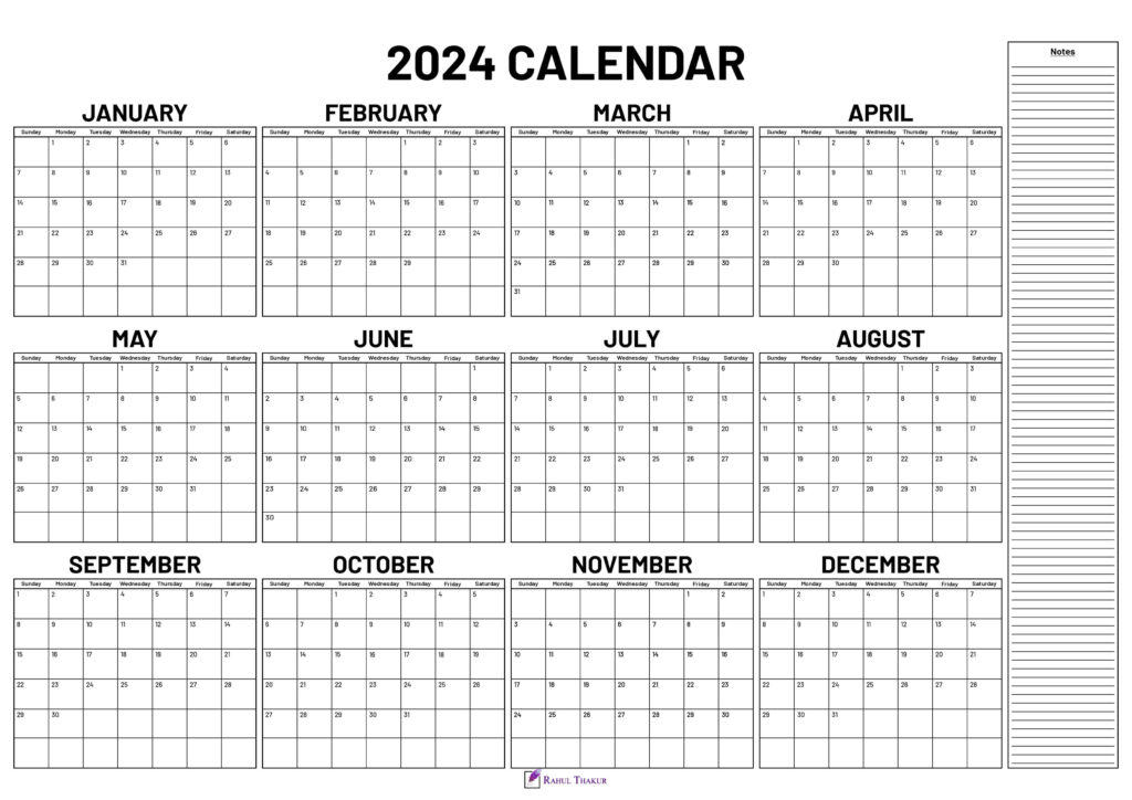 2024 Yearly Calendar With Notes