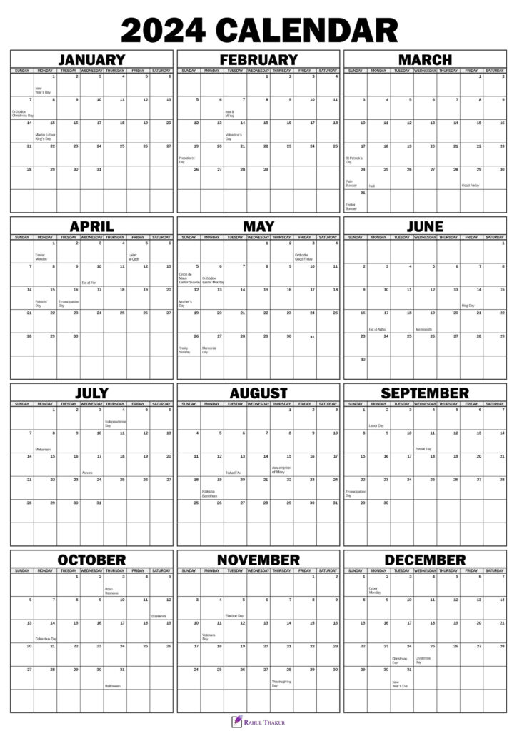 2024 Yearly Calendar with Holidays