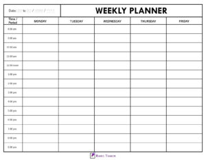 5 day Weekly calendar with time column