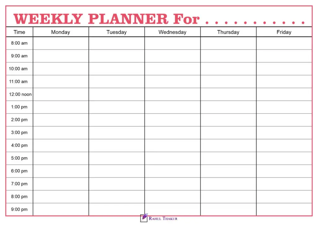 5 day Weekly calendar with time column Template
