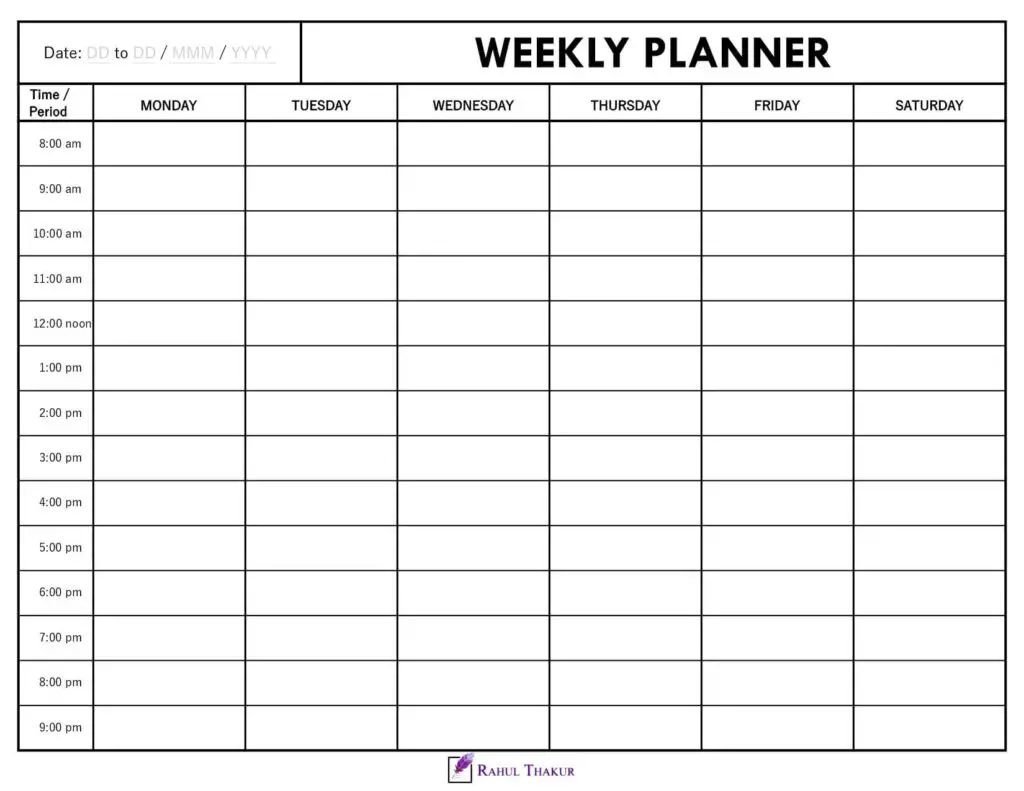 6 day Weekly calendar with time column
