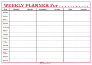 6 day Weekly calendar with time column Template