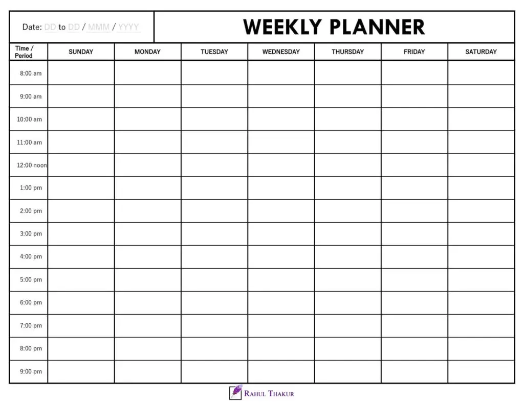 7 day Weekly calendar with time column