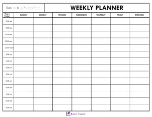 7 day Weekly calendar with time column