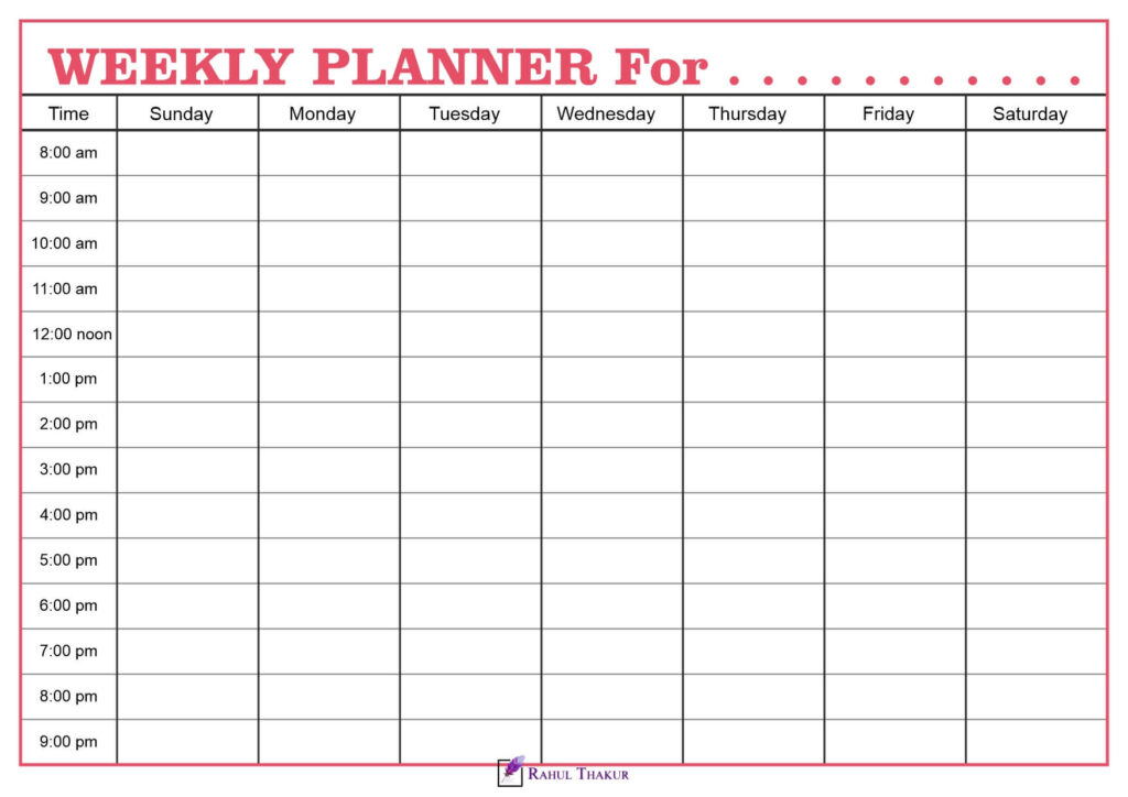 7 day Weekly calendar with time column Template