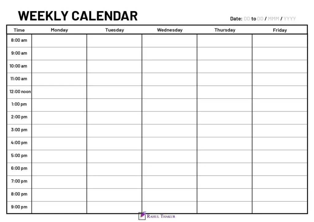 A4 size 5 day Weekly calendar with time column