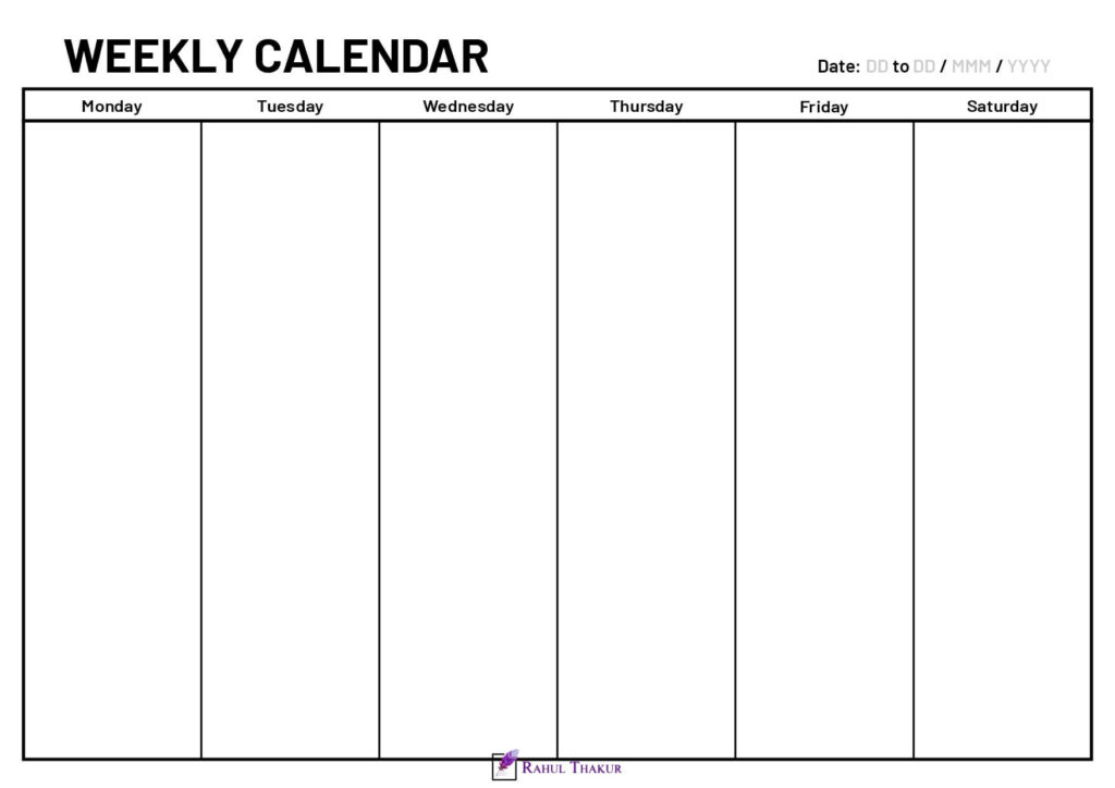 A4 size 6 Day Weekly calendar