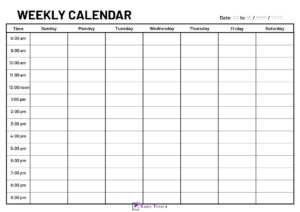 A4 size 7 day Weekly calendar with time column