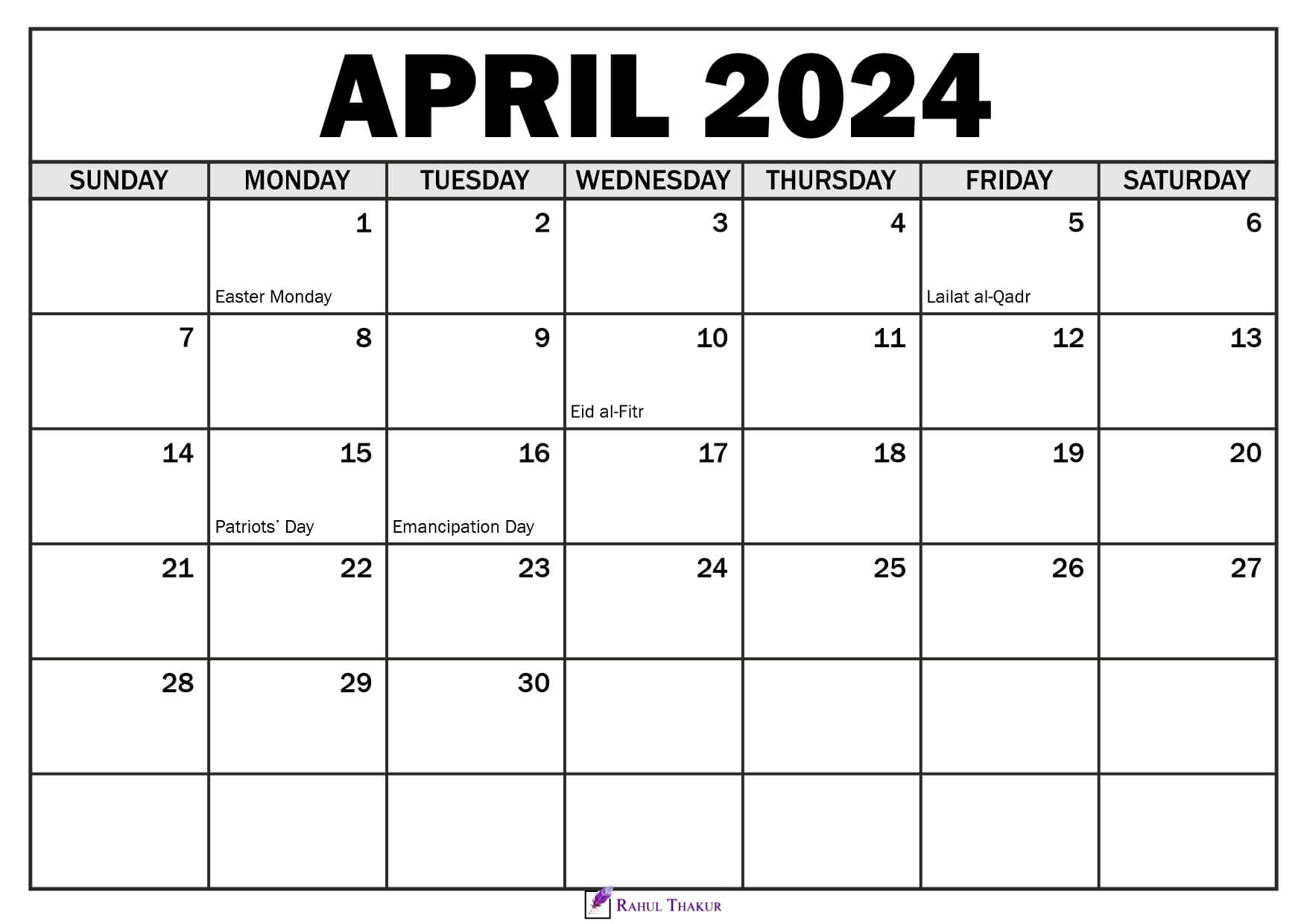 April 2024 Calendar with Holidays