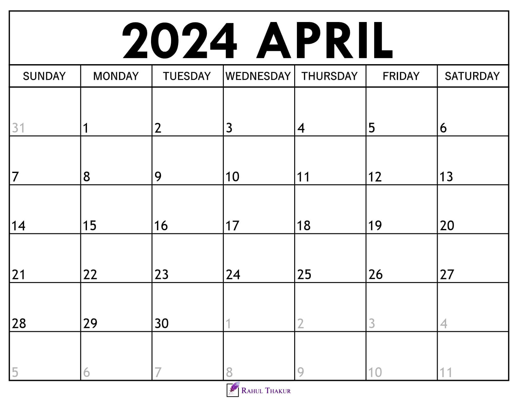 Printable April 2024 Calendar Template Thakur Writes