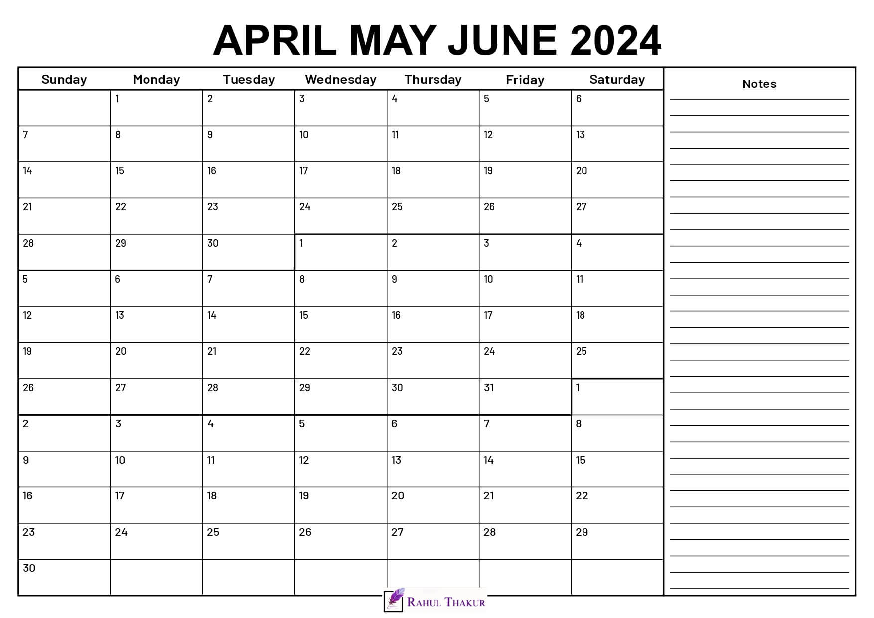April to June 2024 Calendar With Notes