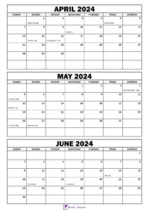 April to June 2024 Calendar with Holidays