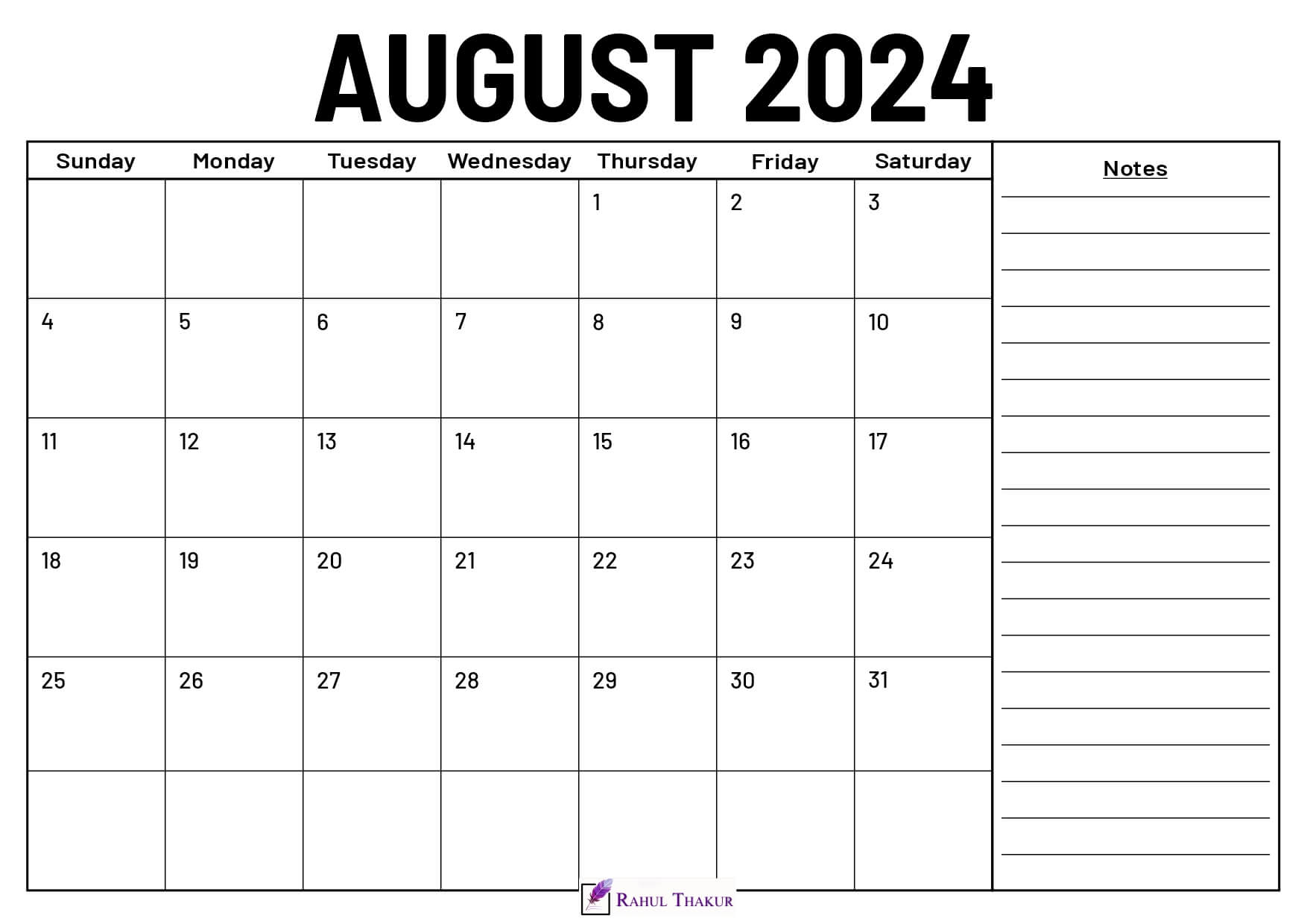 August 2024 Calendar With Notes