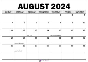 August 2024 Calendar with Holidays