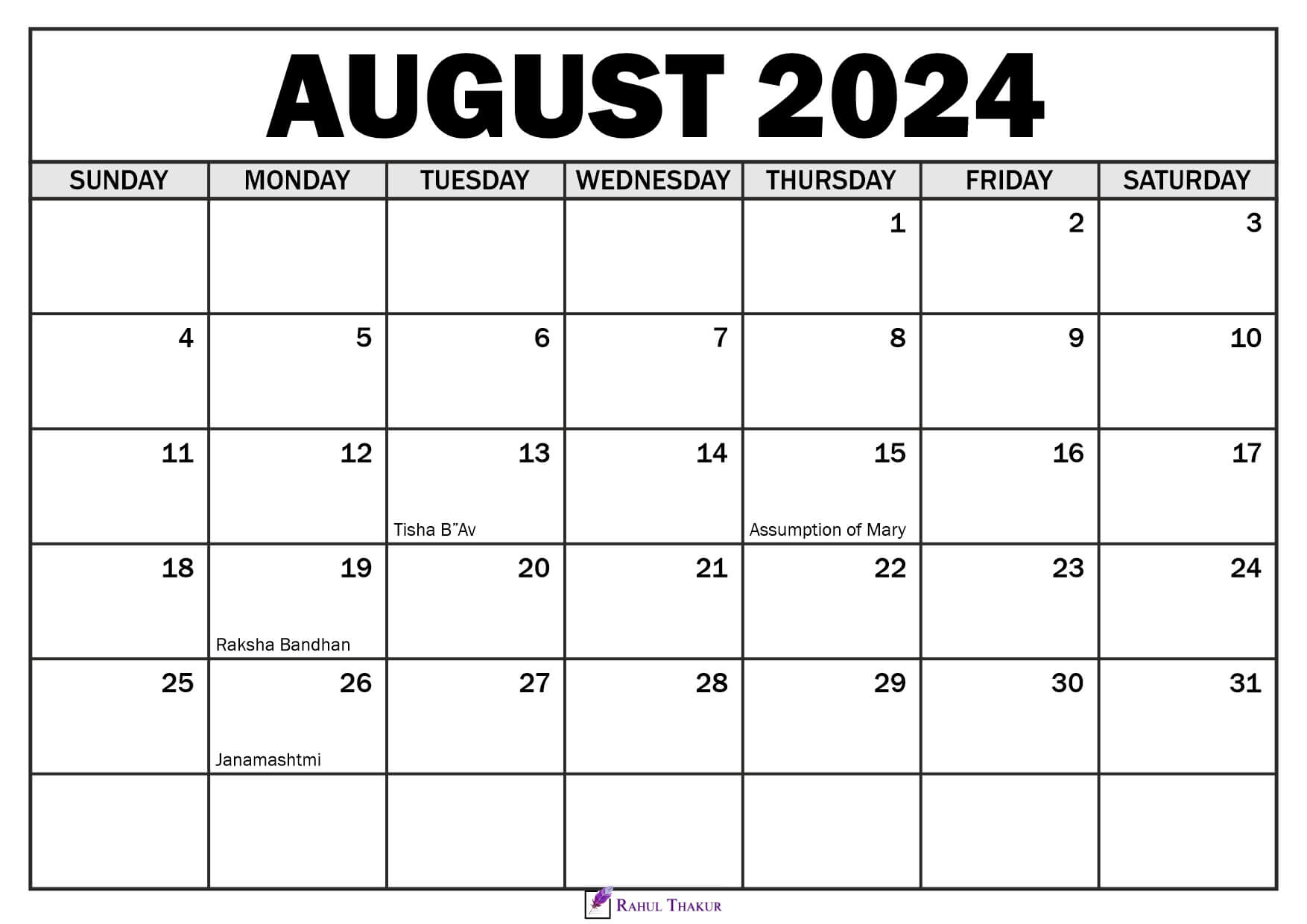 August 2024 Calendar with Holidays