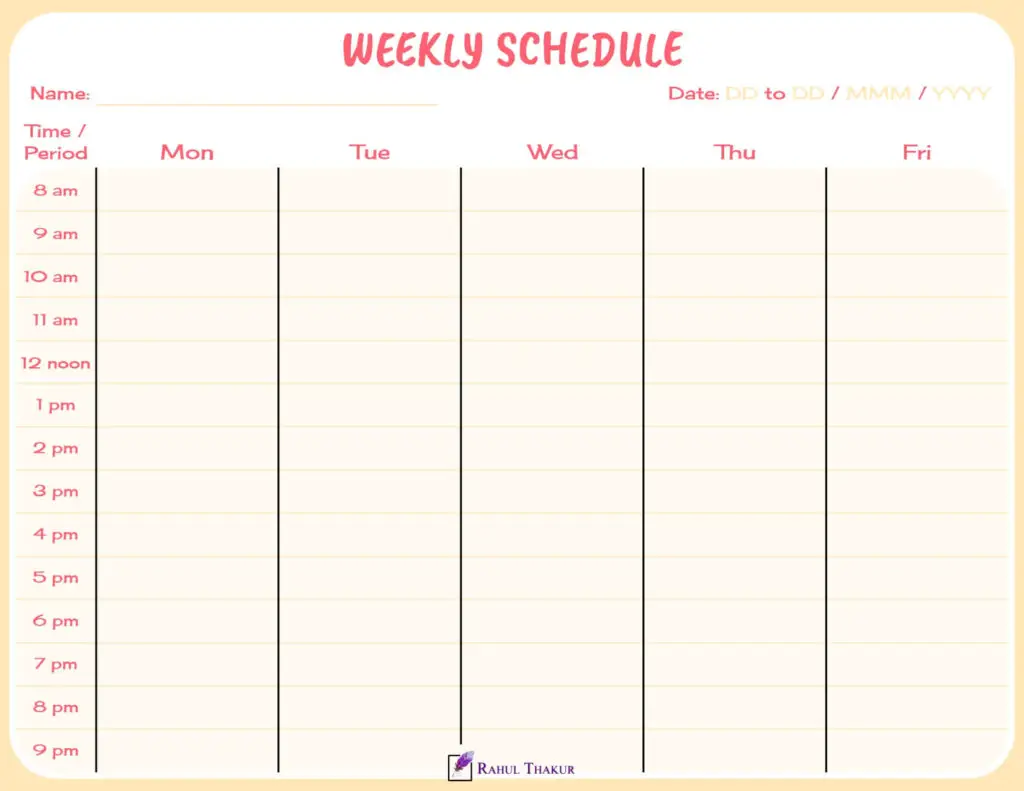 Colorful 5 day Weekly calendar with time column