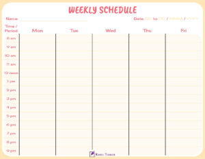 Colorful 5 day Weekly calendar with time column