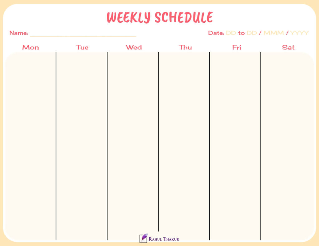 Colorful 6 Day Weekly calendar