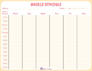 Colorful 6 day Weekly calendar with time column