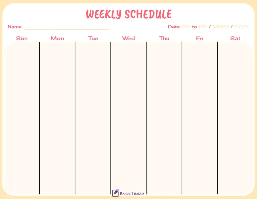 Colorful 7 Day Weekly calendar