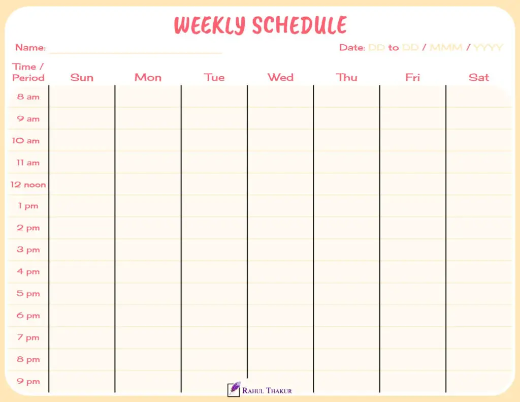 Colorful 7 day Weekly calendar with time column