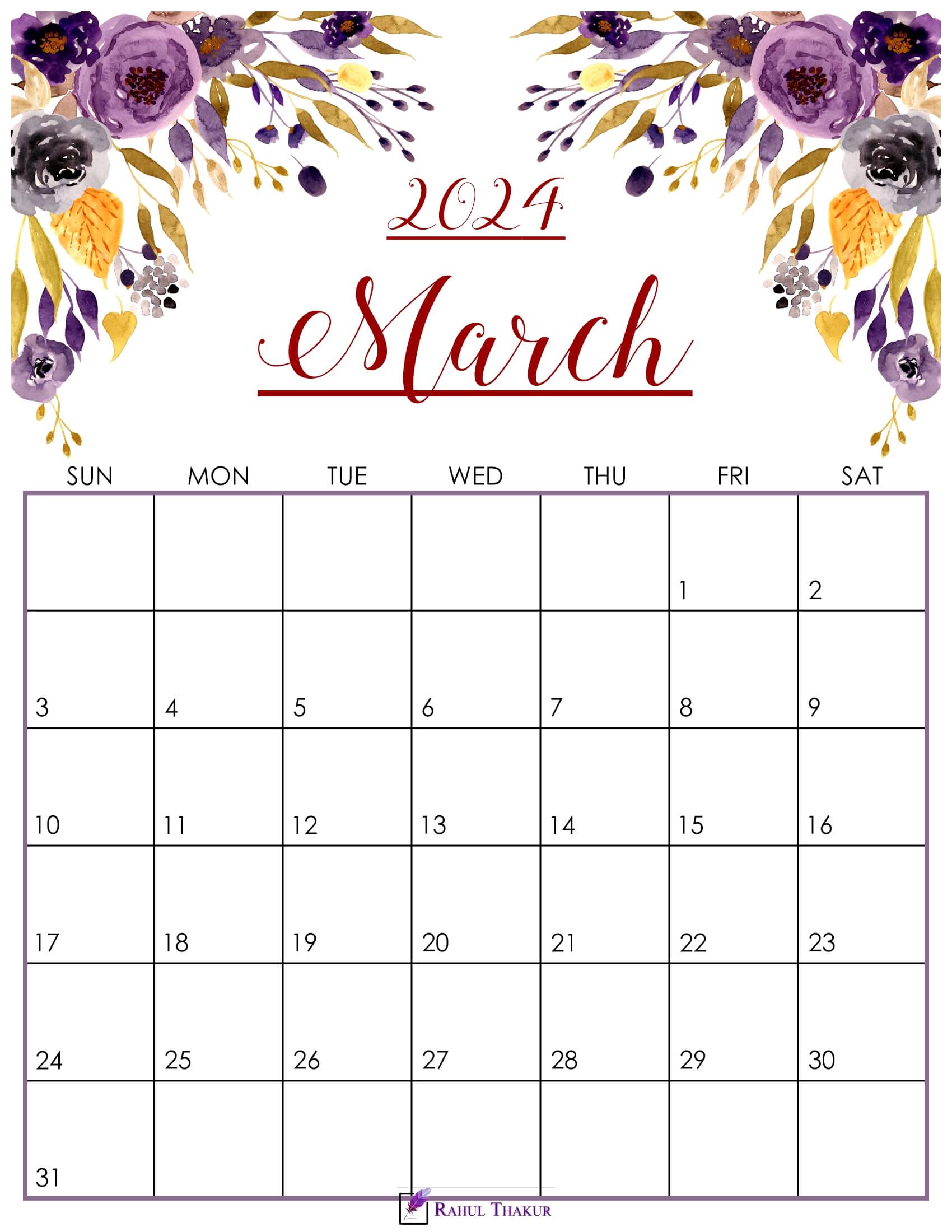 Printable March 2024 Calendar Template Thakur Writes