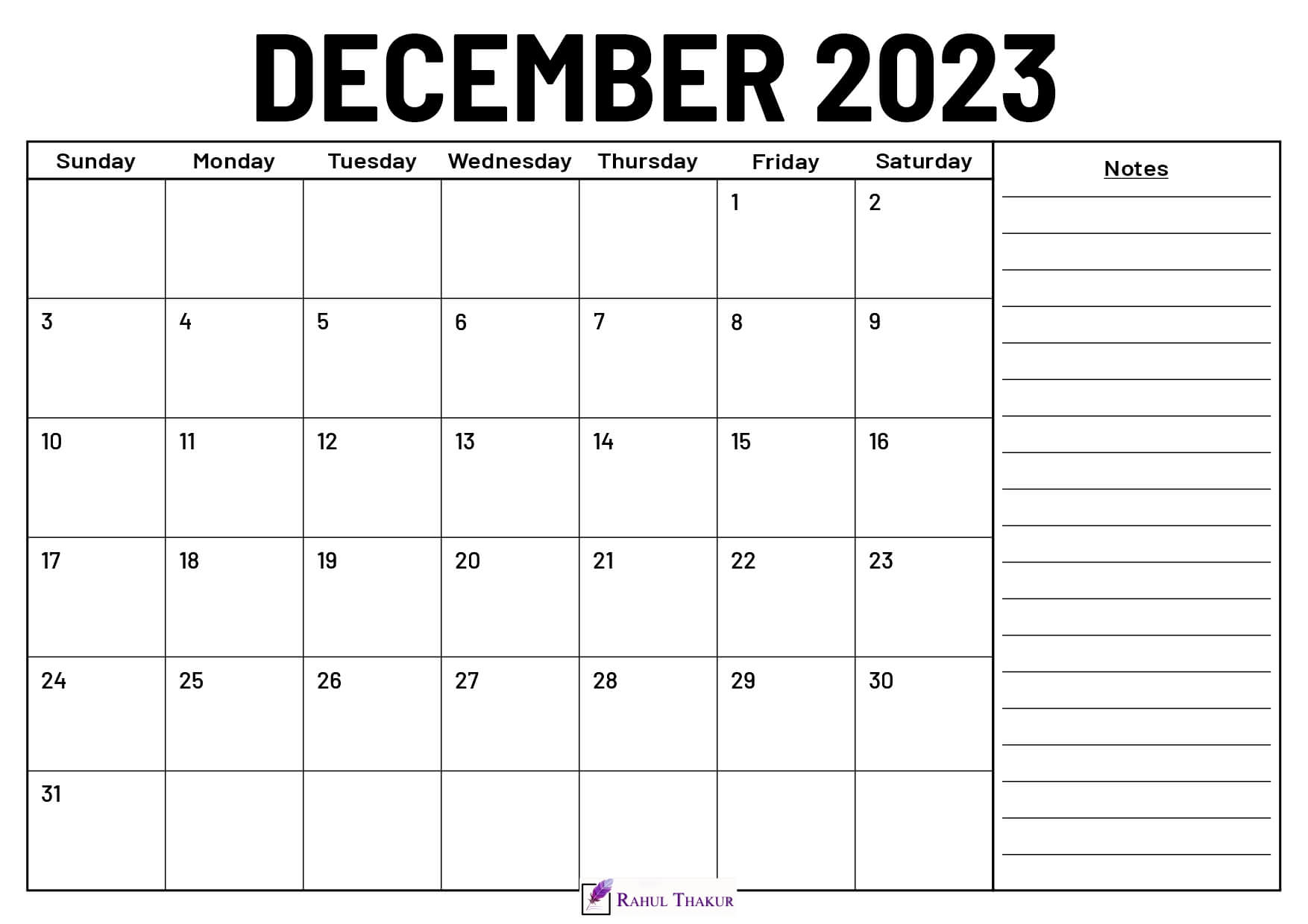 December 2023 Calendar With Notes
