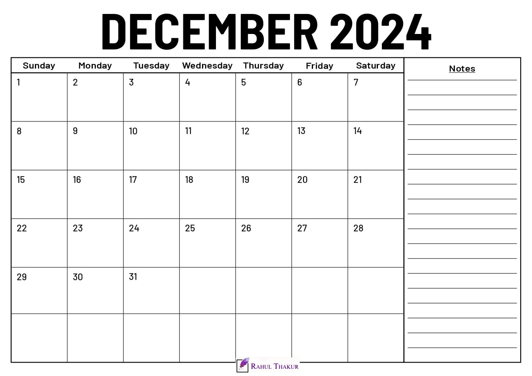 December 2024 Calendar With Notes