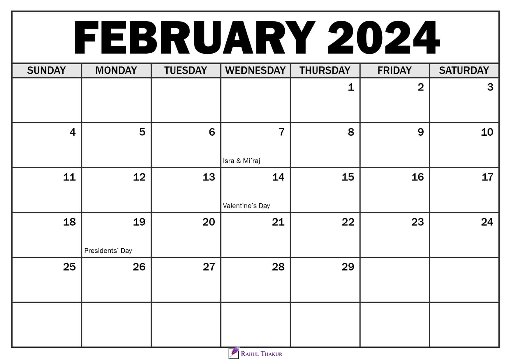Printable February 2024 Calendar Template - Thakur Writes