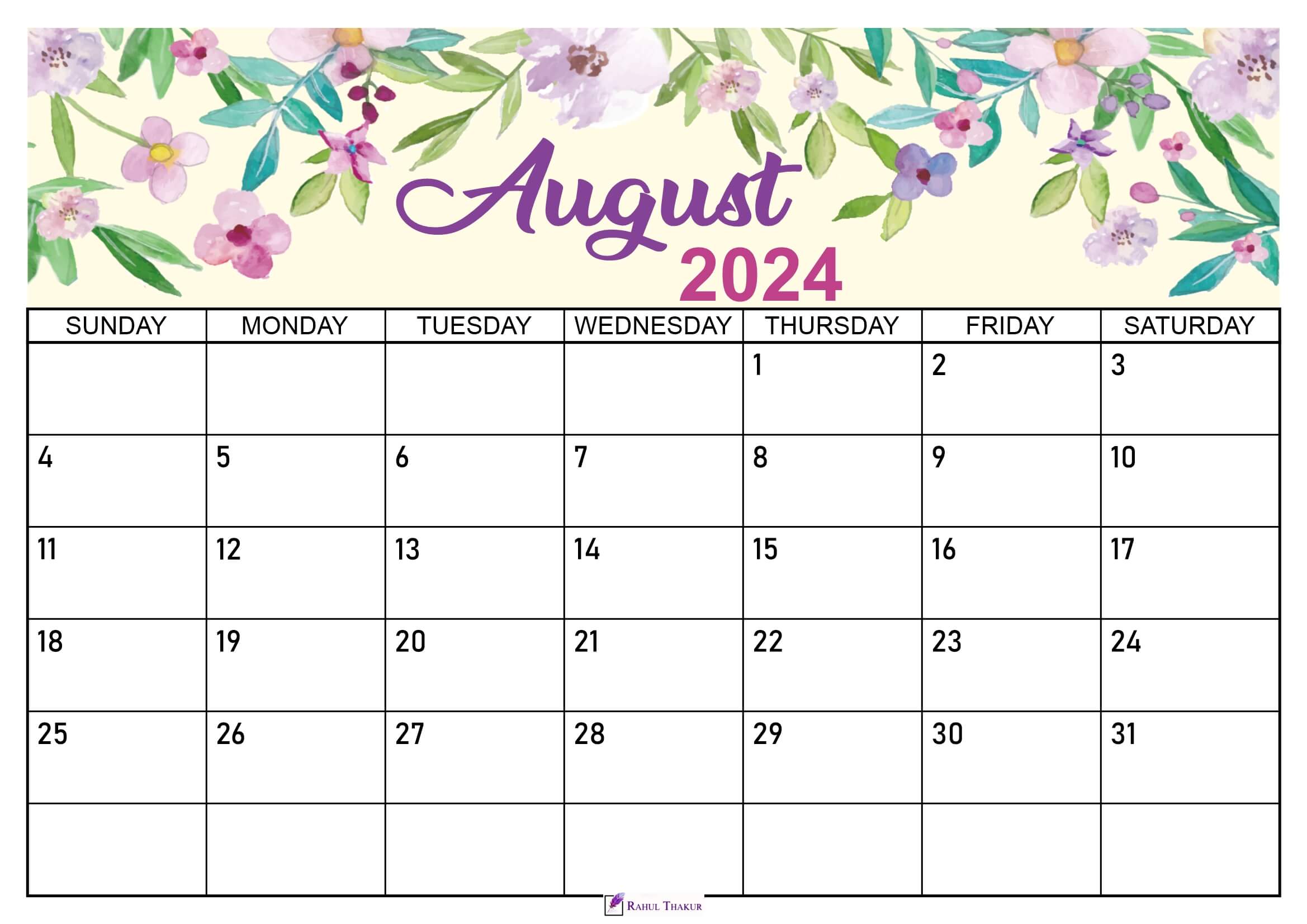 Floral August 2024 Calendar