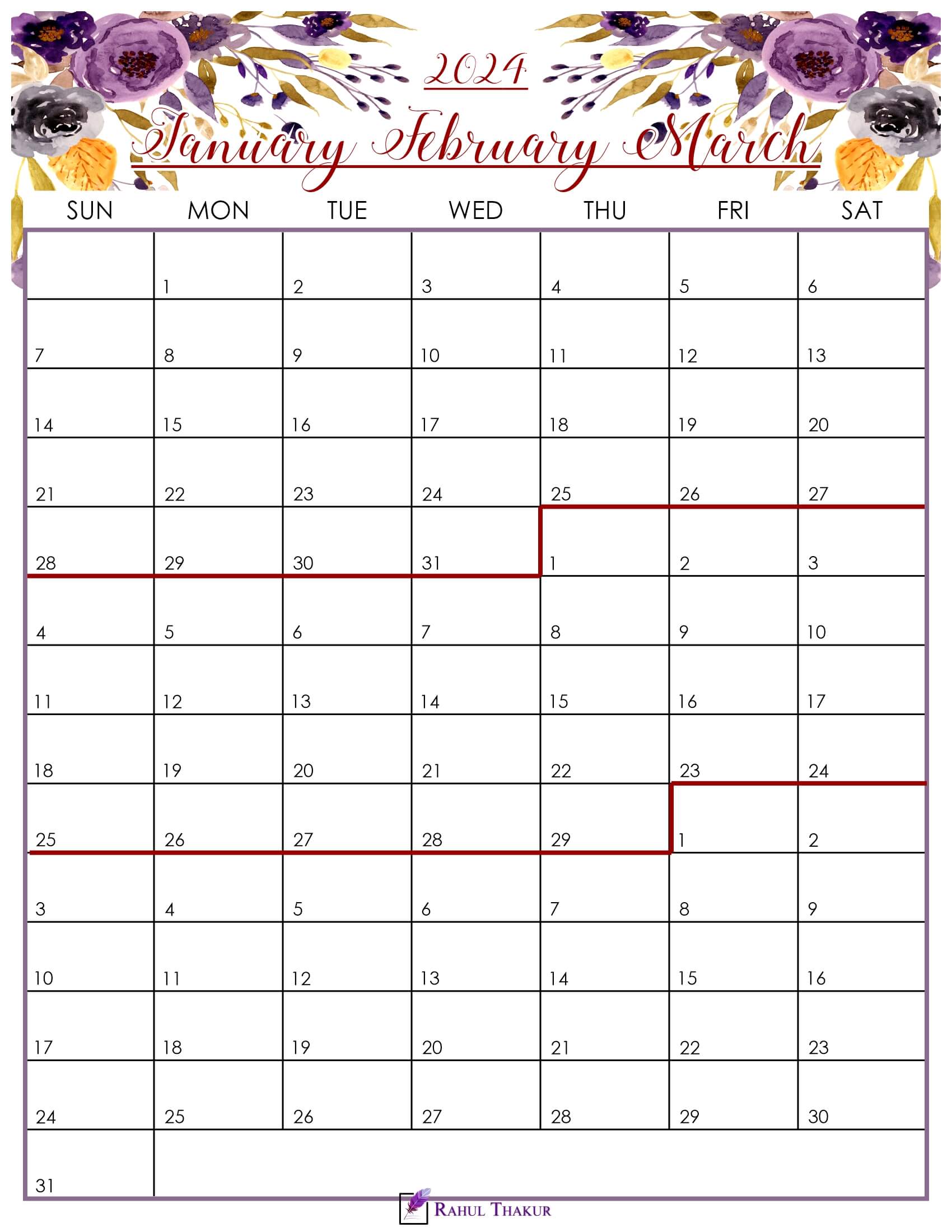 Floral January to March 2024 Calendar