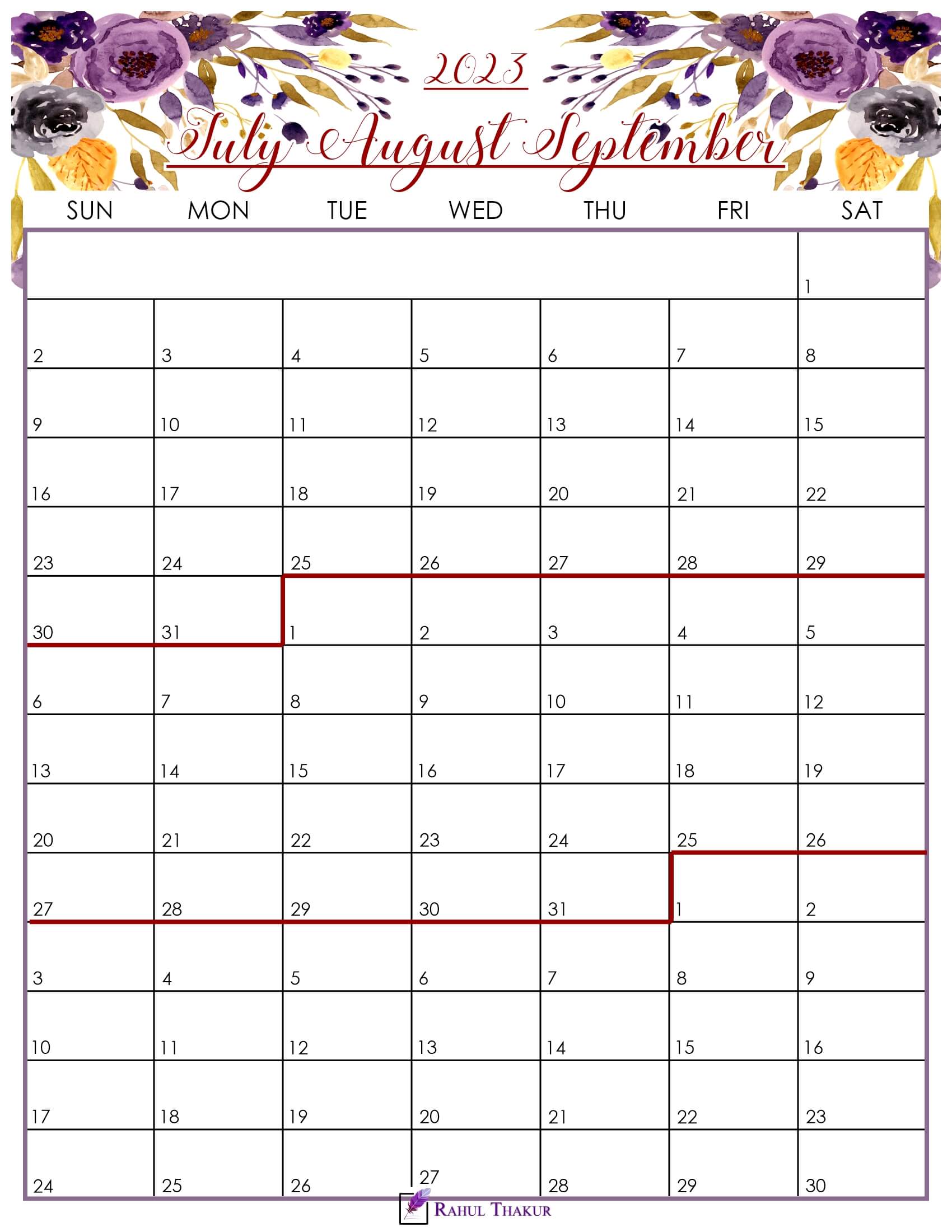 Floral July to September 2023 Calendar