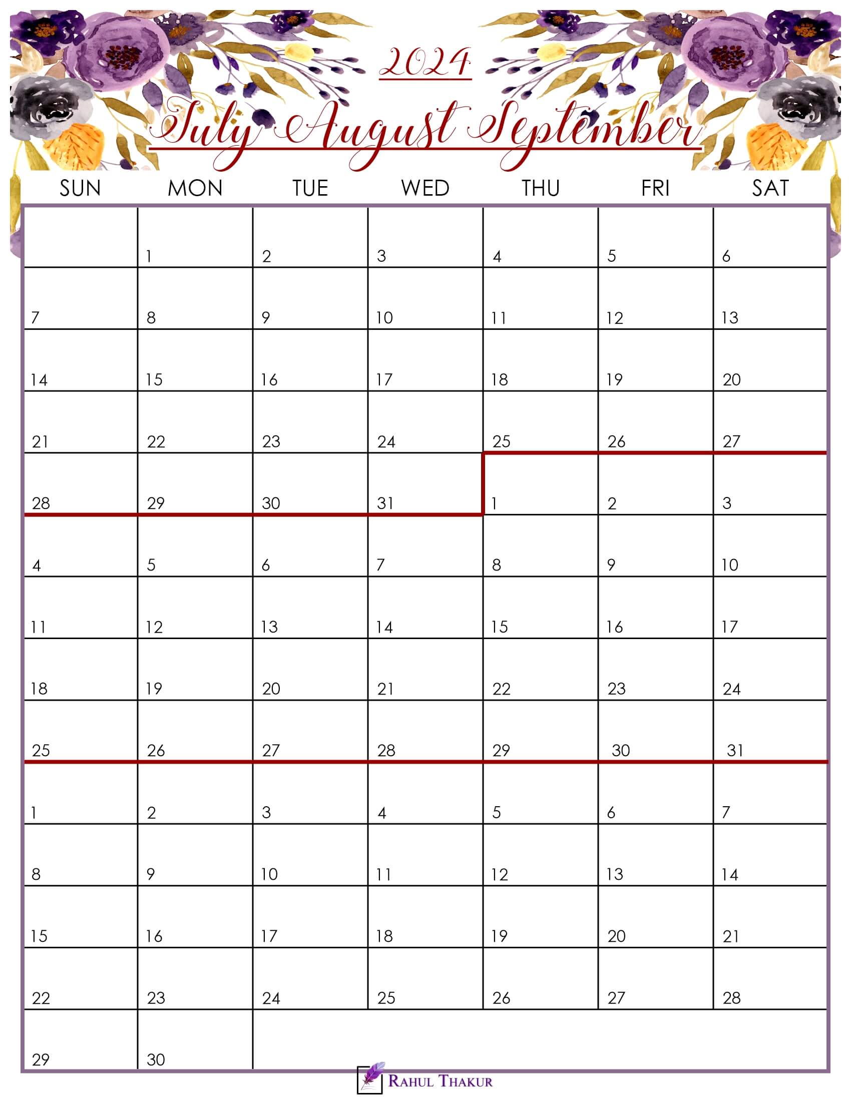Floral July to September 2024 Calendar
