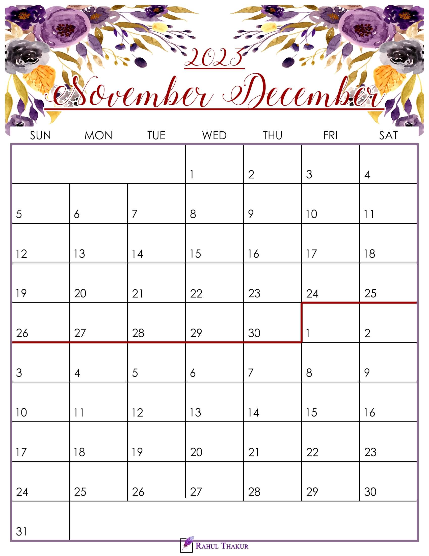 Floral November December 2023 Calendar