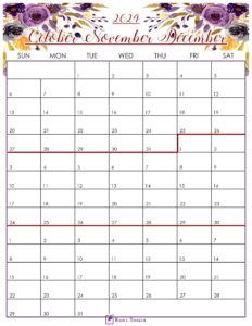 Floral October to December 2024 Calendar