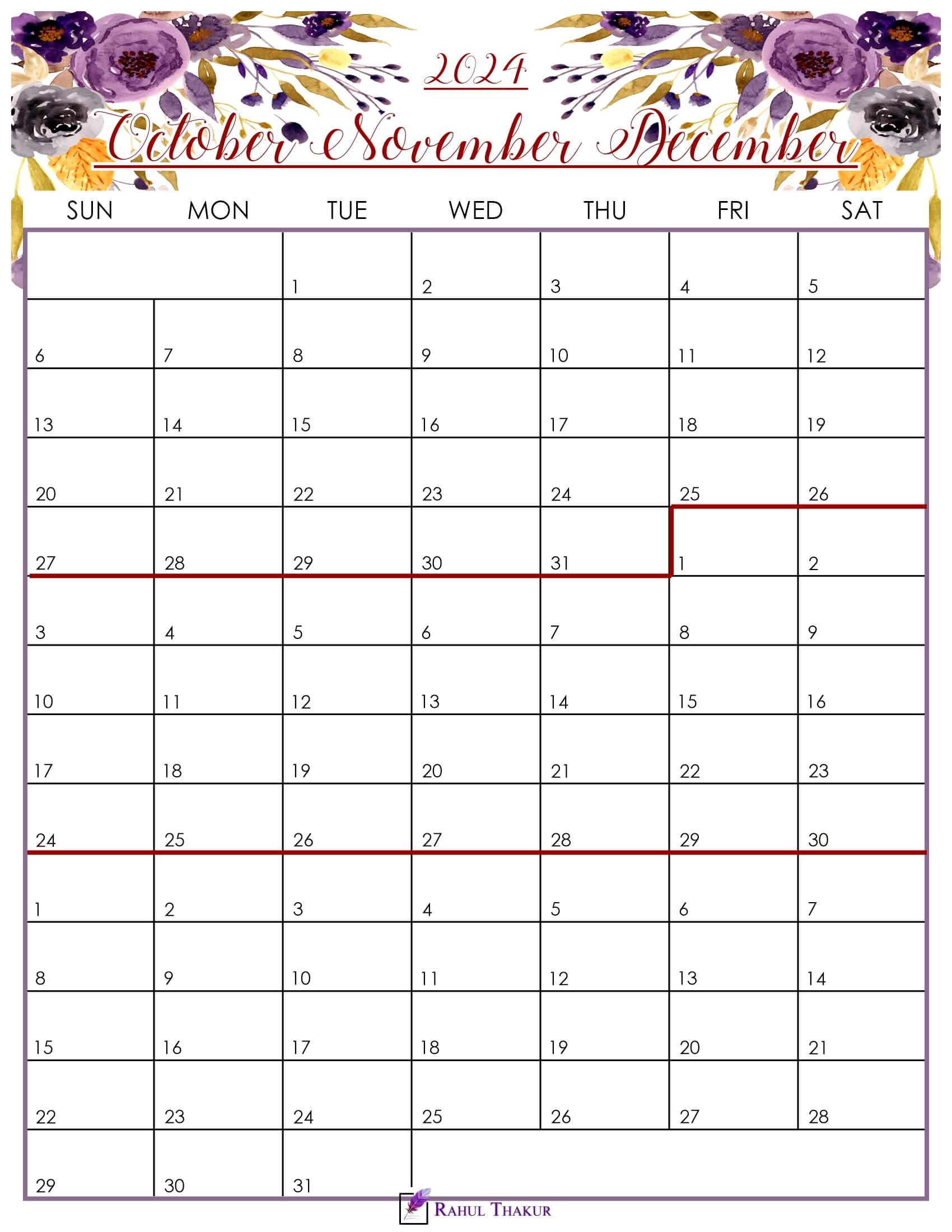 Floral October to December 2024 Calendar