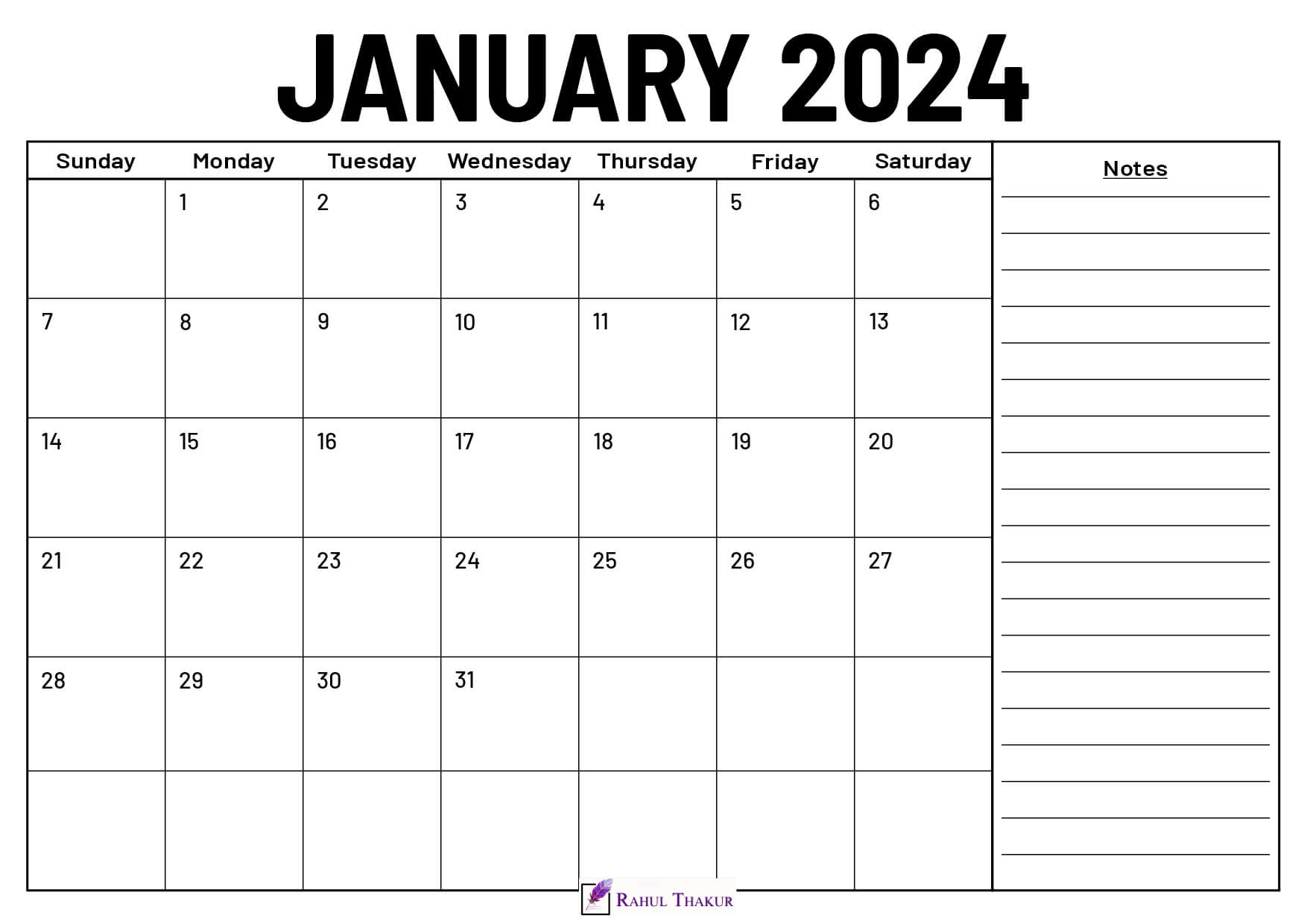 Printable January 2024 Calendar Template - Thakur Writes