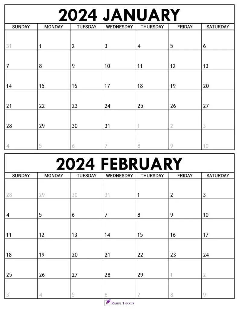Printable January February 2024 Calendar Template - Thakur Writes