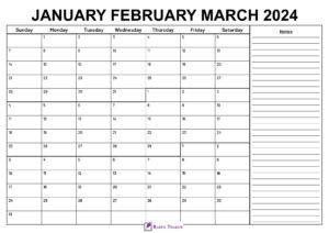 January to March 2024 Calendar With Notes
