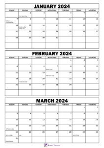 January to March 2024 Calendar with Holidays