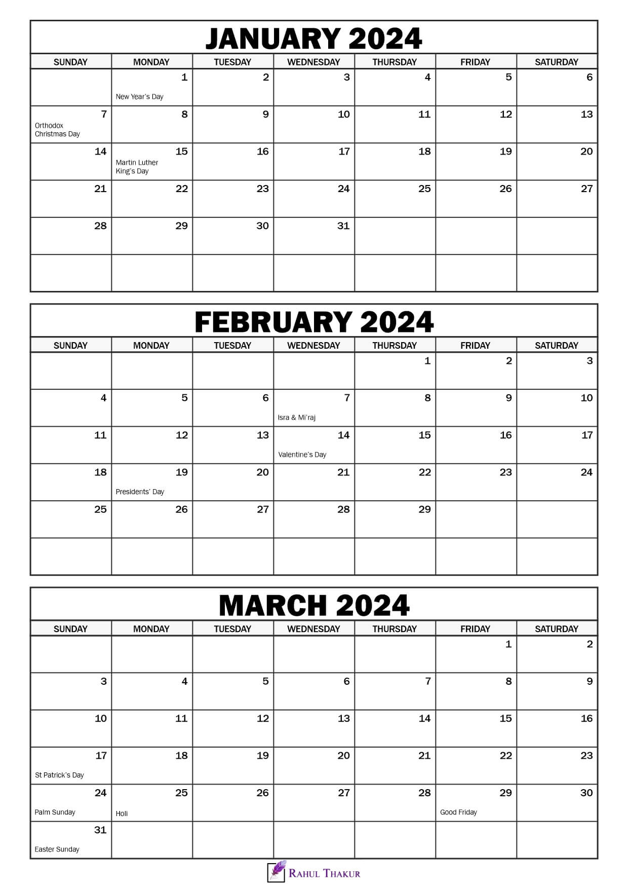 January to March 2024 Calendar with Holidays