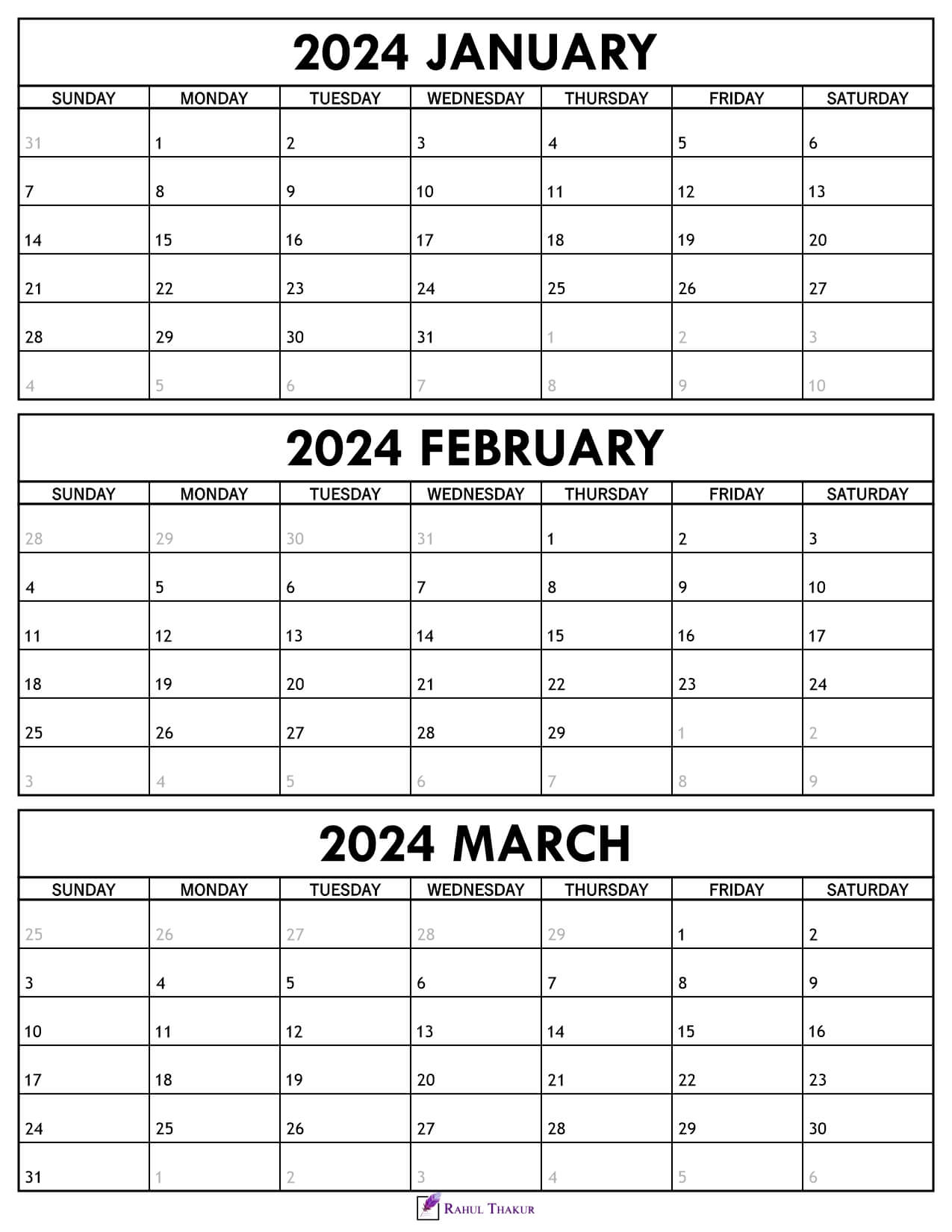 January February March 2024 Calendar Printable