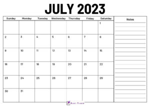 July 2023 Calendar With Notes