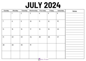 July 2024 Calendar With Notes