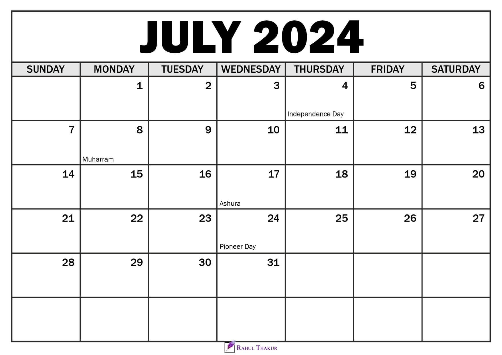 Free Printable July 2024 Calendar With Holidays - Printable Online