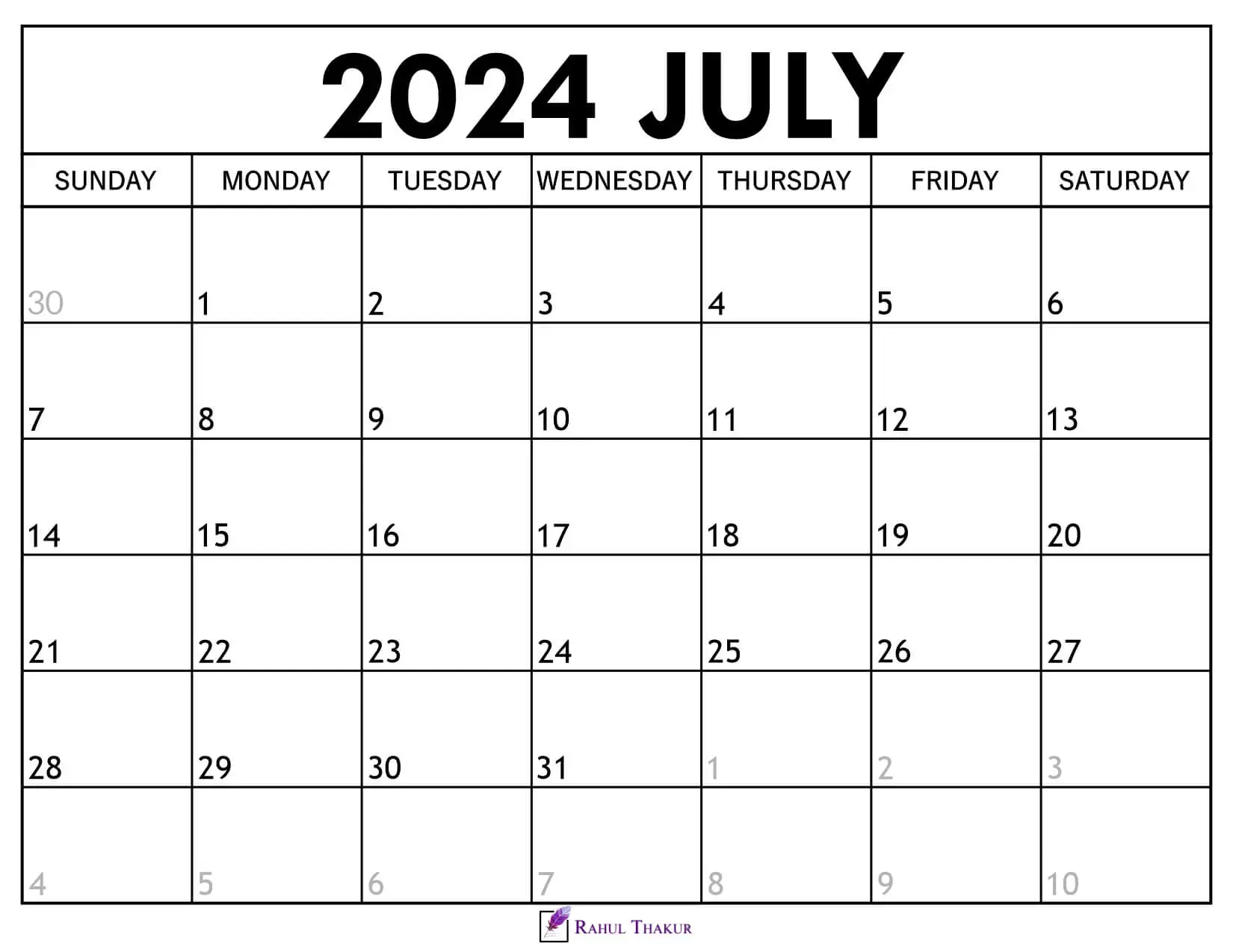 Printable July 2024 Calendar Template - Thakur Writes