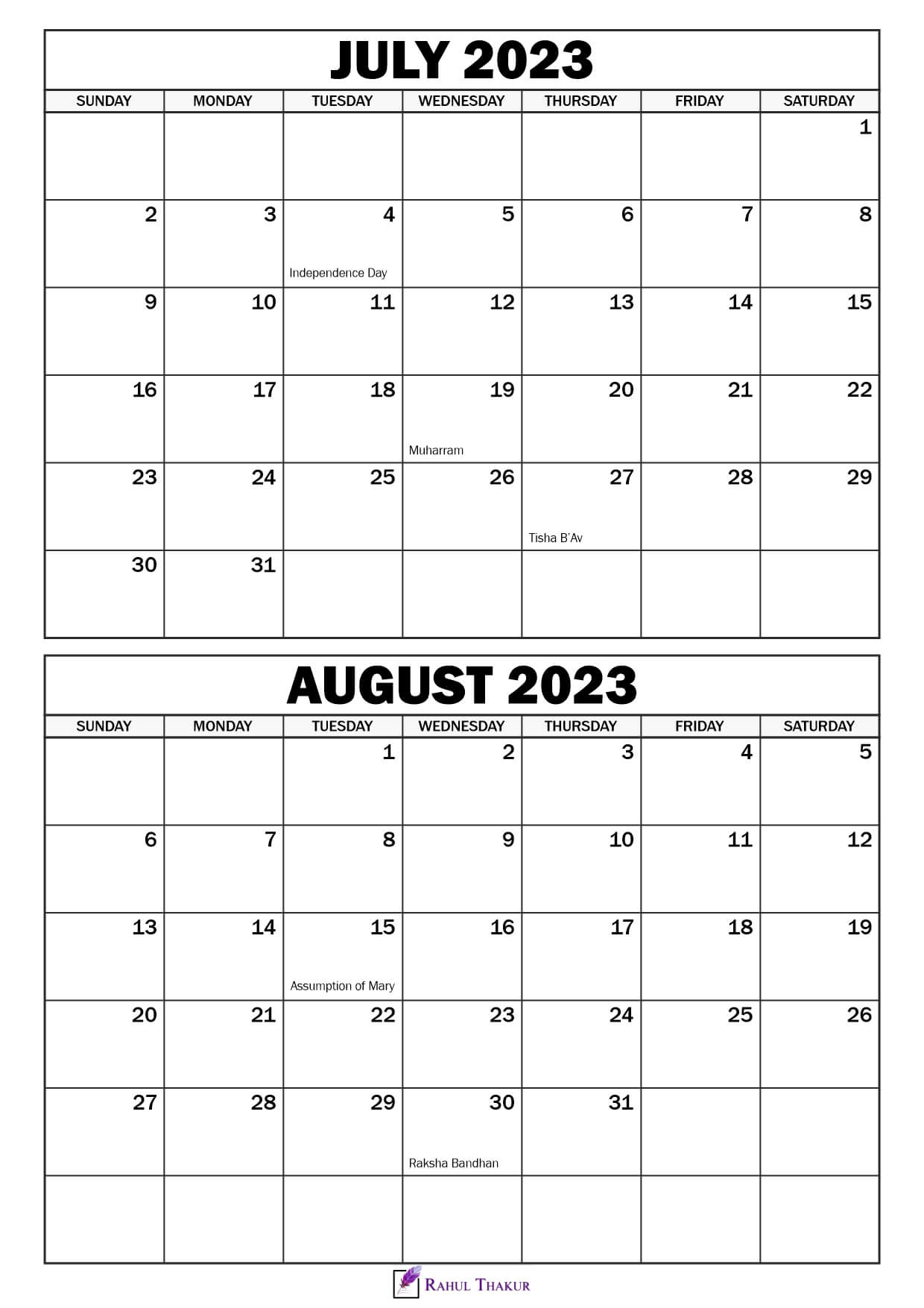 Printable July August 2023 Calendar Template Thakur Writes