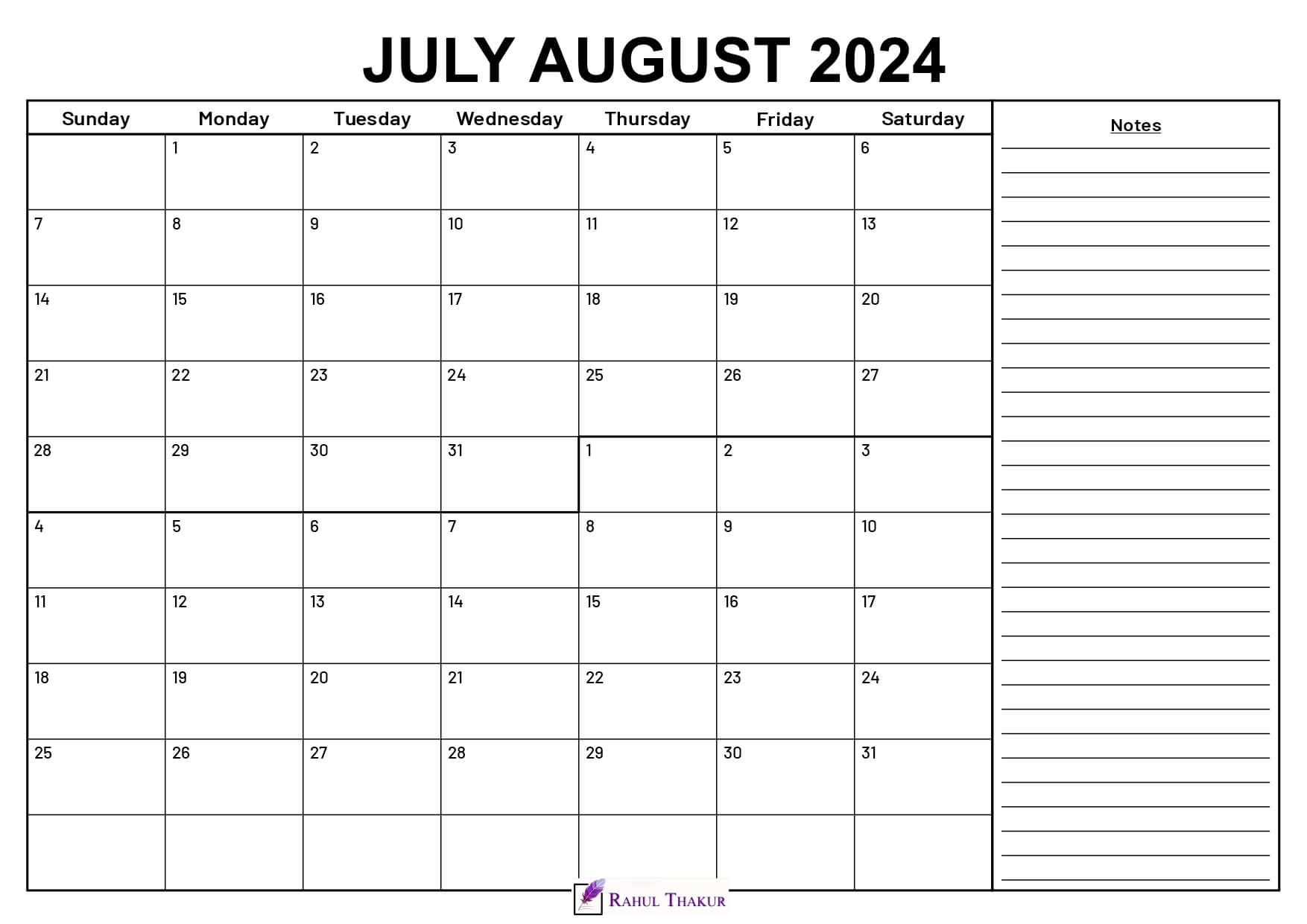 July August 2024 Calendar With Notes