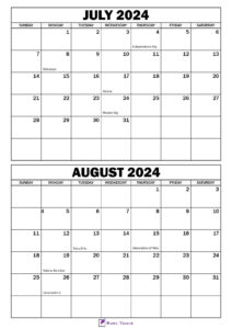 July August 2024 Calendar with Holidays