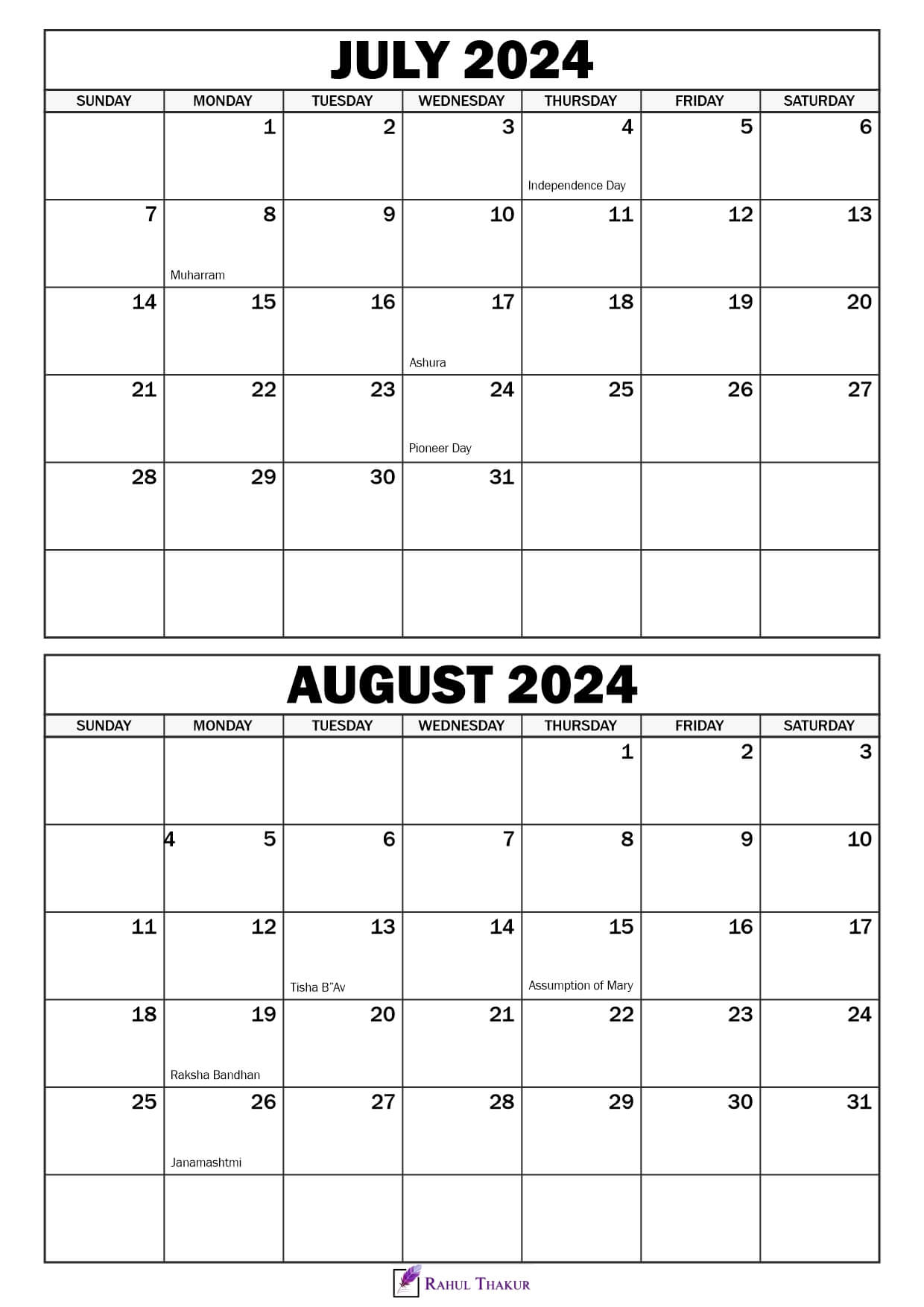 July August 2024 Calendar with Holidays